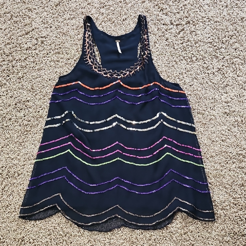 Free People Sequin Tank Racerback Navy Blue Scalloped Layered Small Sleeveless
